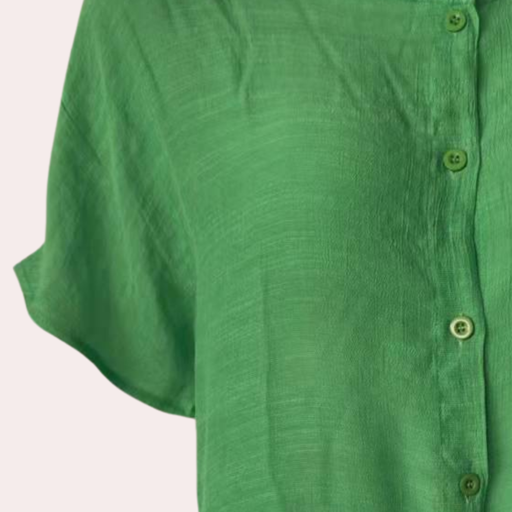 Back view of elegant women's short shirt dress, flowing fabric for comfortable everyday summer style.
