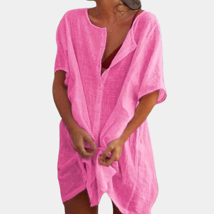 Effortless women's shirt dress, a comfortable and versatile button-down for casual, chic summer daily wear.