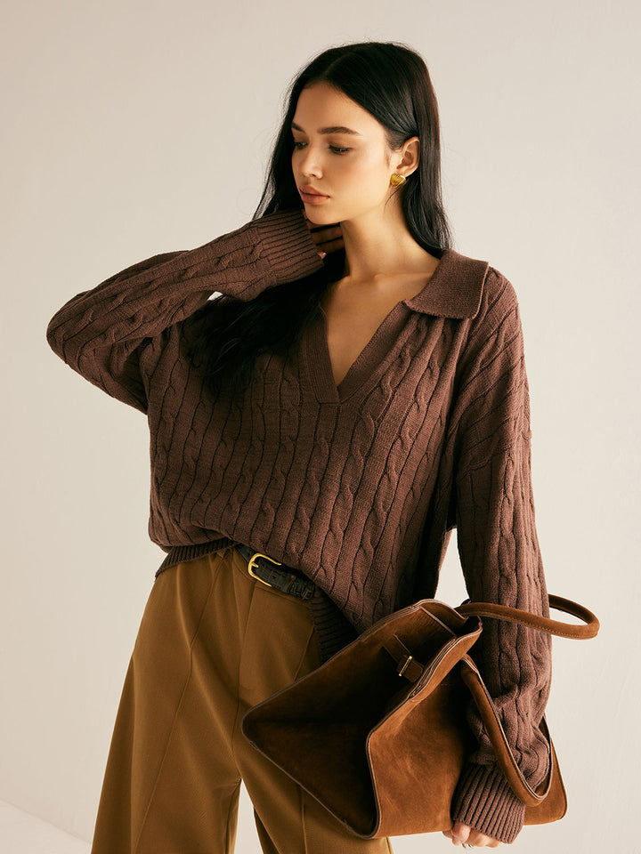 Women's comfortable sienna brown V-neck knit jumper. Perfect casual long sleeve sweater for versatile everyday wear.