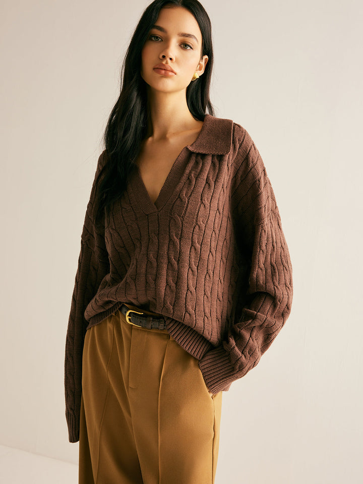 Brown V-neck long sleeve jumper for women. Soft knit sweater, comfortable and versatile for everyday casual wear.