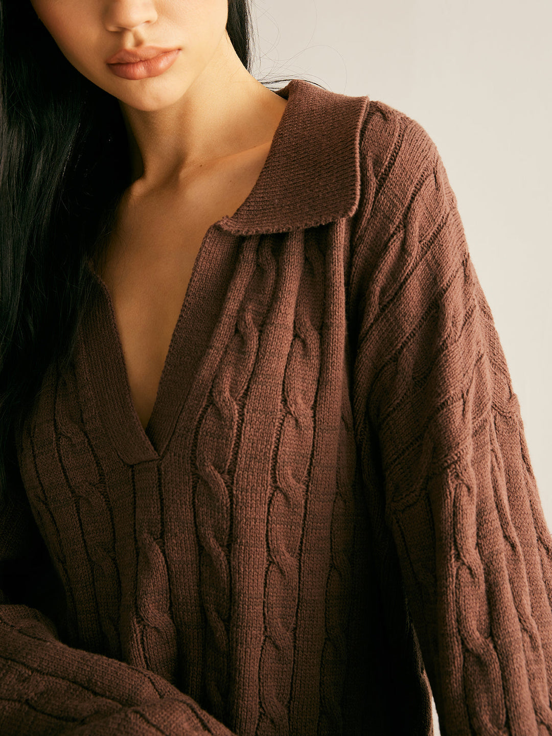 Comfortable women's sienna brown V-neck jumper. Soft knit long sleeve sweater, perfect for cozy casual autumn looks.