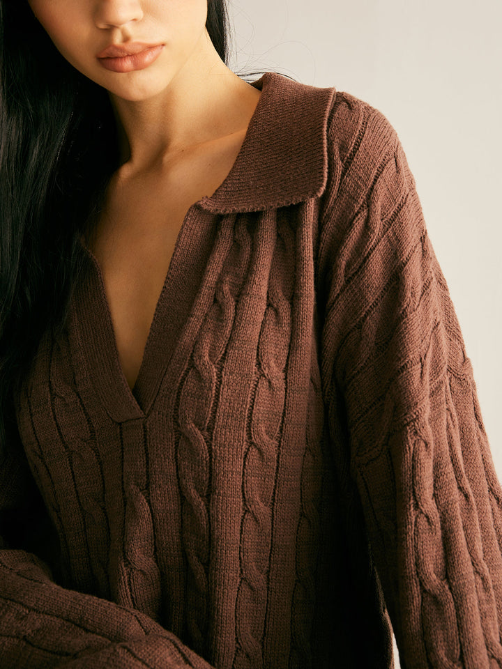 Comfortable women's sienna brown V-neck jumper. Soft knit long sleeve sweater, perfect for cozy casual autumn looks.