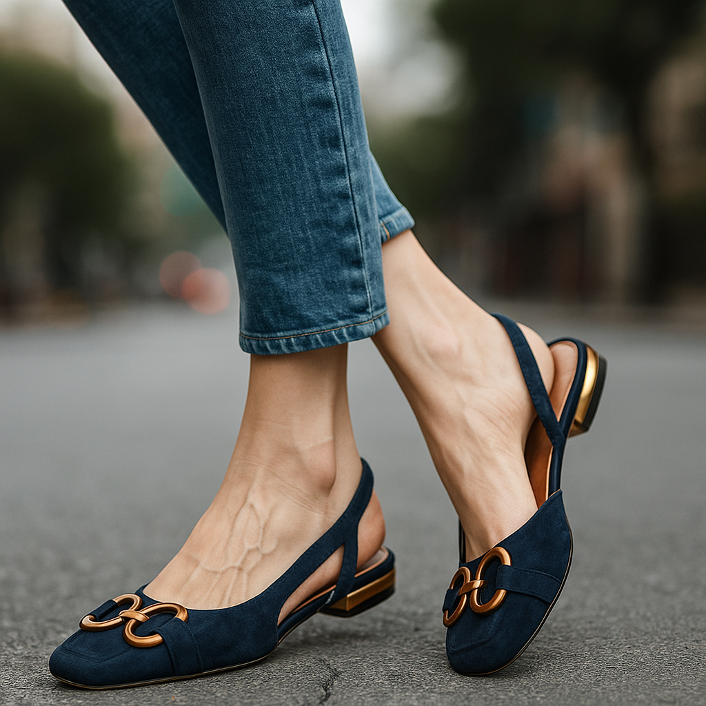 Women's comfortable slingback flats with elegant gold chain detail, perfect for everyday wear & chic style.