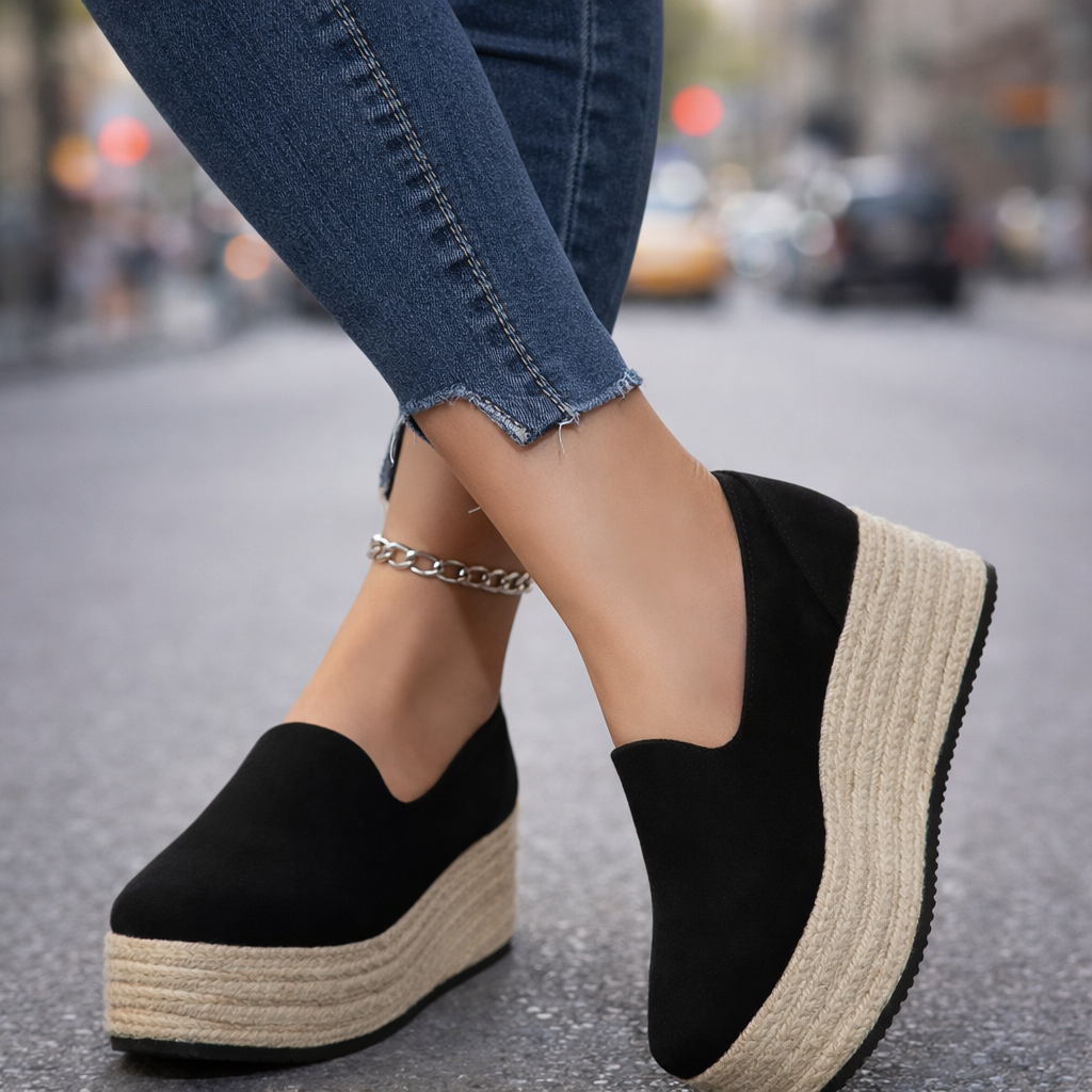 Fashionable women's slip-on platforms with a comfortable wedge sole.