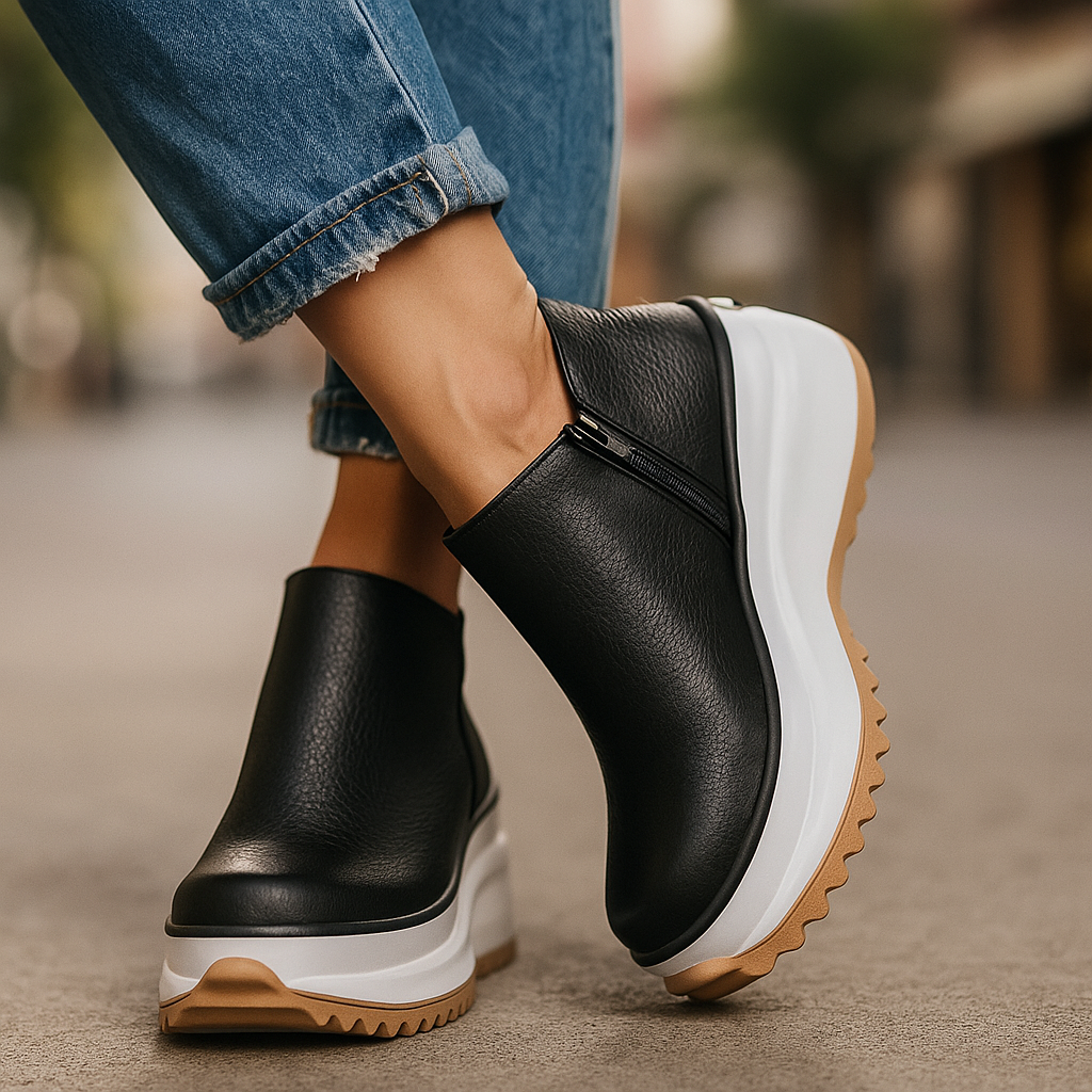 Stylish brown textured platform shoes for women, featuring a convenient side zipper and stable tread.