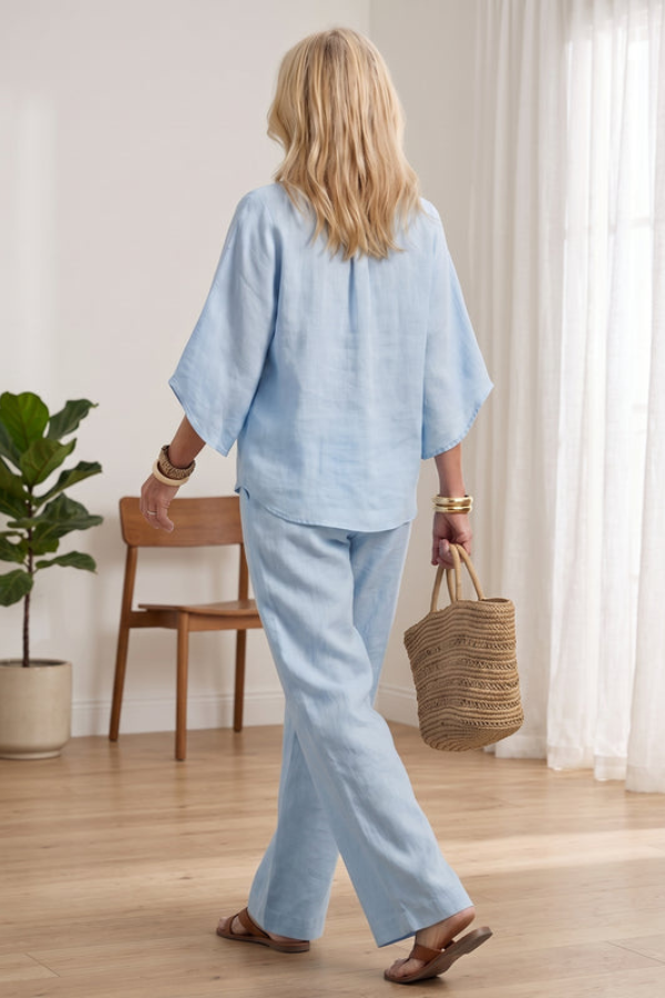 Sky blue women's two-piece lounge set, ideal for summer fashion, travel, or cozy comfort.