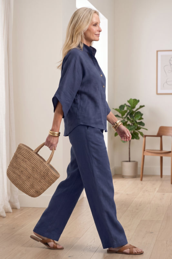 Beige women's two-piece lounge outfit, versatile for comfortable travel or at-home wear.