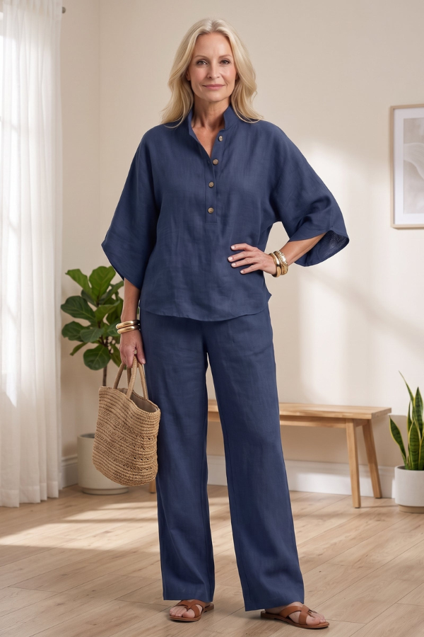 Effortless women's two-piece lounge set in soft fabric, a stylish and comfy casual outfit.