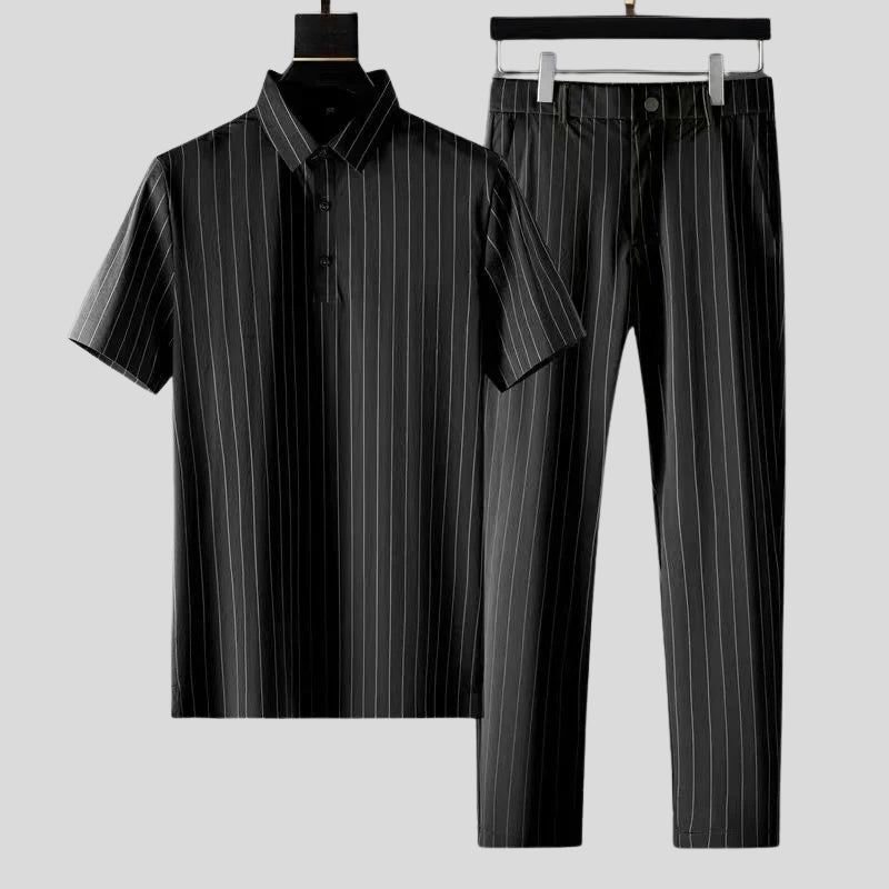 Elegant women's two-piece set. Short sleeve top & tailored trousers. Sophisticated matching outfit for spring/summer.