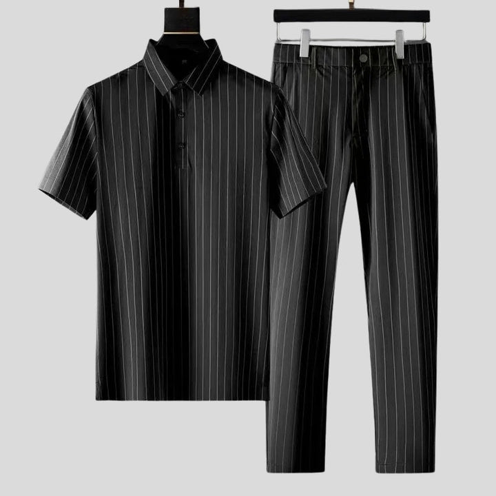 Elegant women's two-piece set. Short sleeve top & tailored trousers. Sophisticated matching outfit for spring/summer.