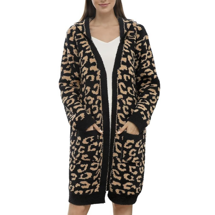 Plush women's leopard print hooded robe, a comfortable spa bathrobe for relaxation