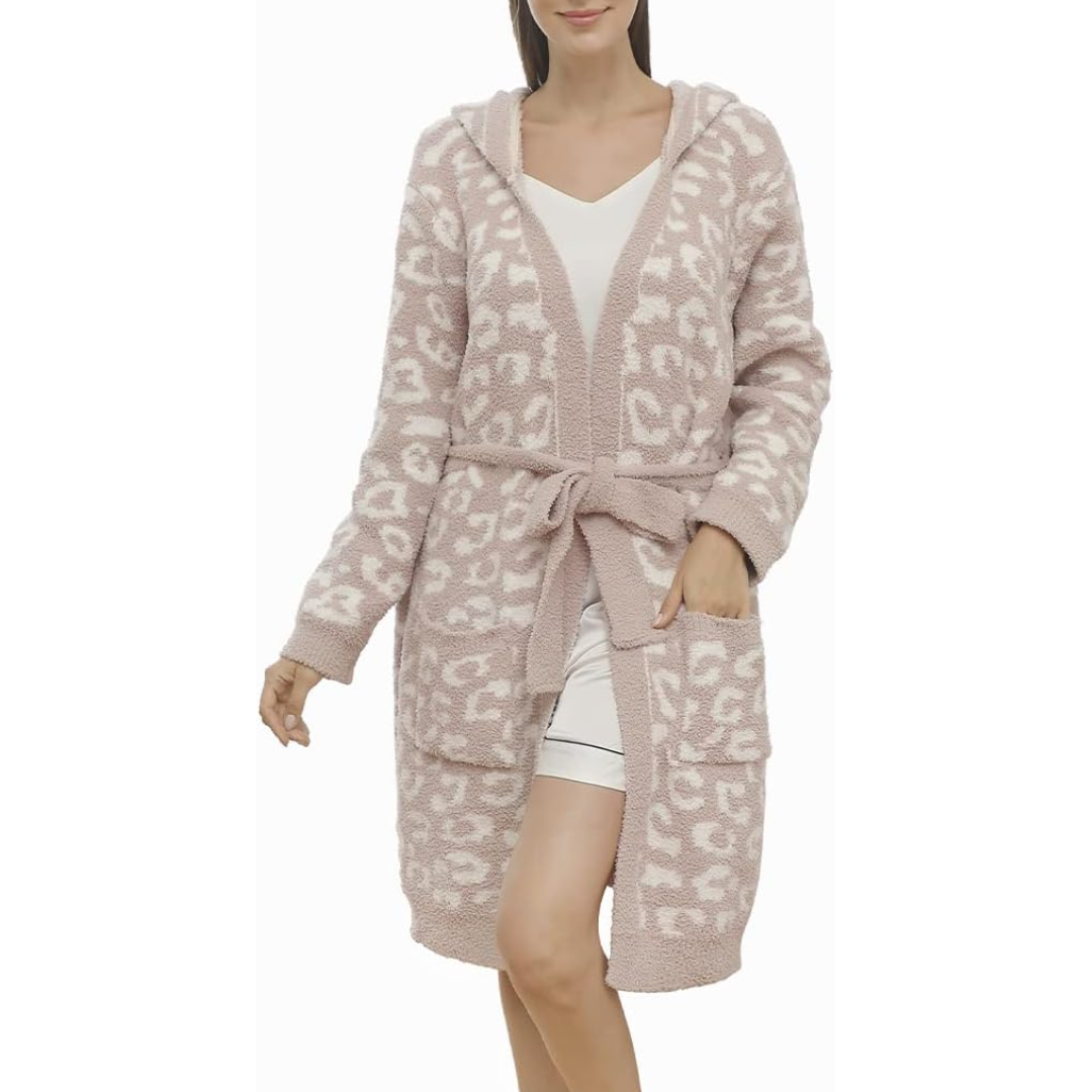 Elegant Victoria ladies spa bathrobe with a chic leopard print, ultimate comfort for her