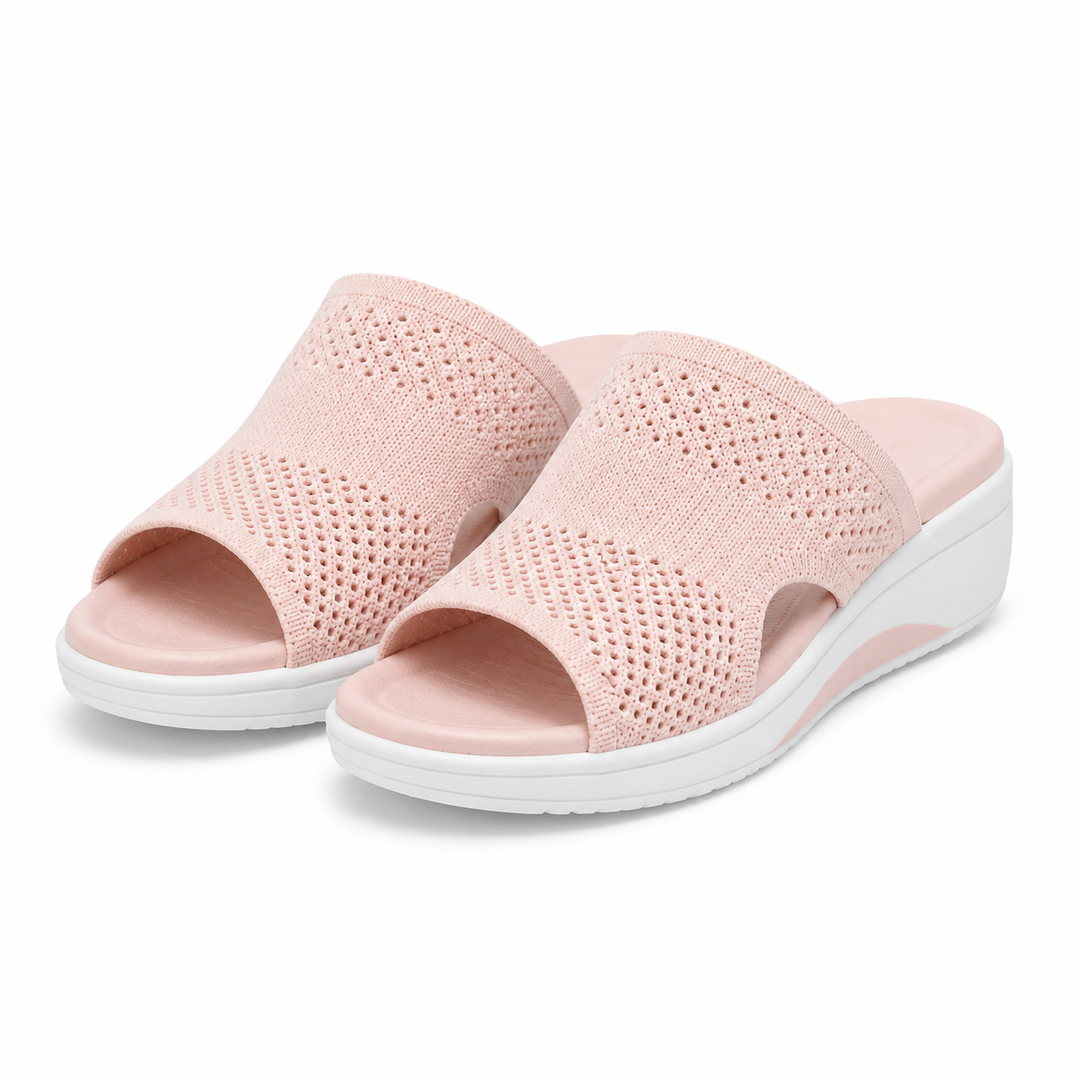 Back view of women's supportive walking sandals, featuring cushioned heel & arch support for comfort footwear.