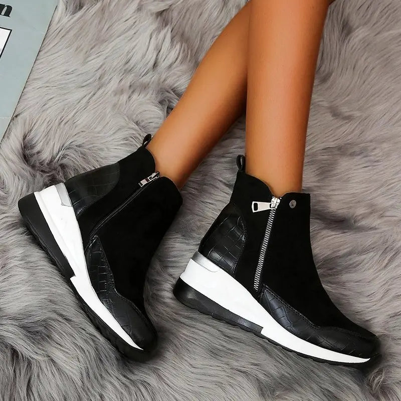 Casual women's wedge ankle boots. Zippered design for easy wear, great for everyday fall and winter outfits.