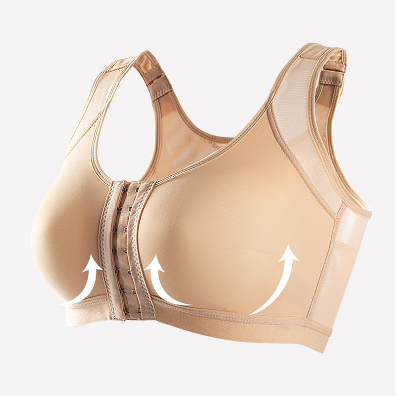 ComfortLift wireless posture bra for women. Front closure, seamless design, breathable, plus size friendly.