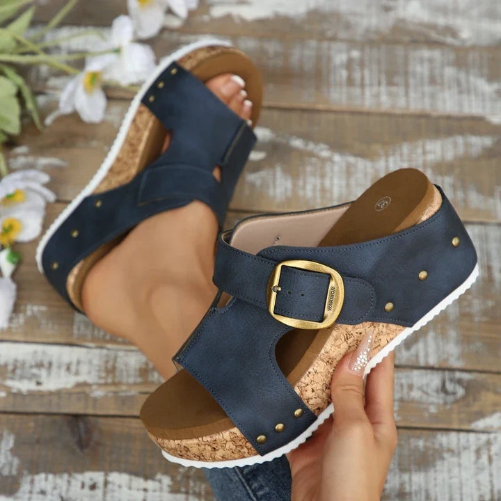 Women's comfy buckle slides with orthopedic support, cork sole. Perfect summer comfort footwear.