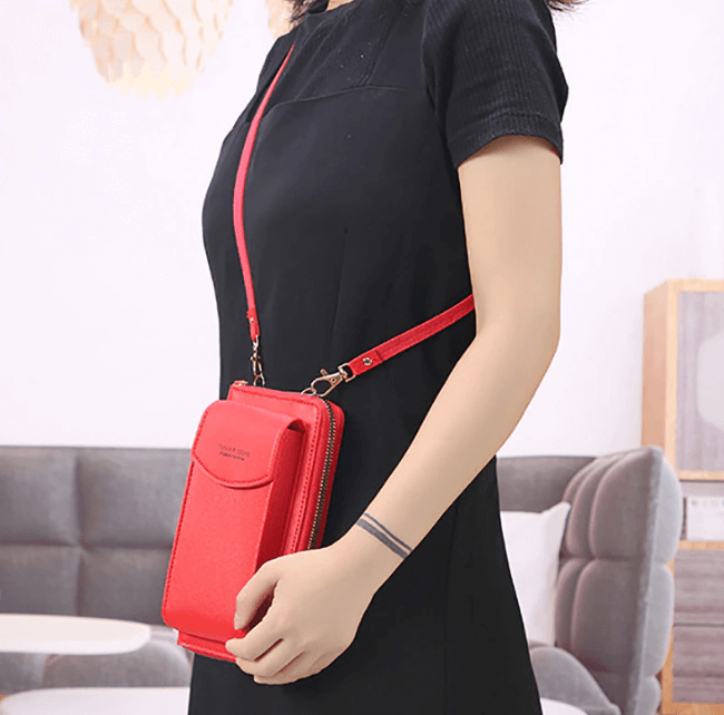 Women's compact PU leather crossbody bag, black, with adjustable strap, styled for daily use