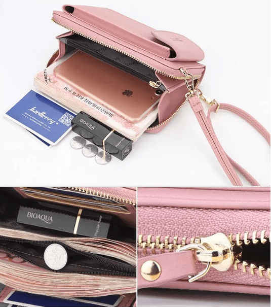 Overhead view of a compact PU leather crossbody bag, displaying its full shape and features