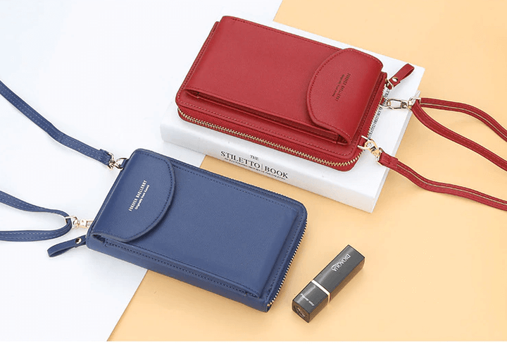 Two compact PU leather crossbody bags side-by-side, showcasing available color options
