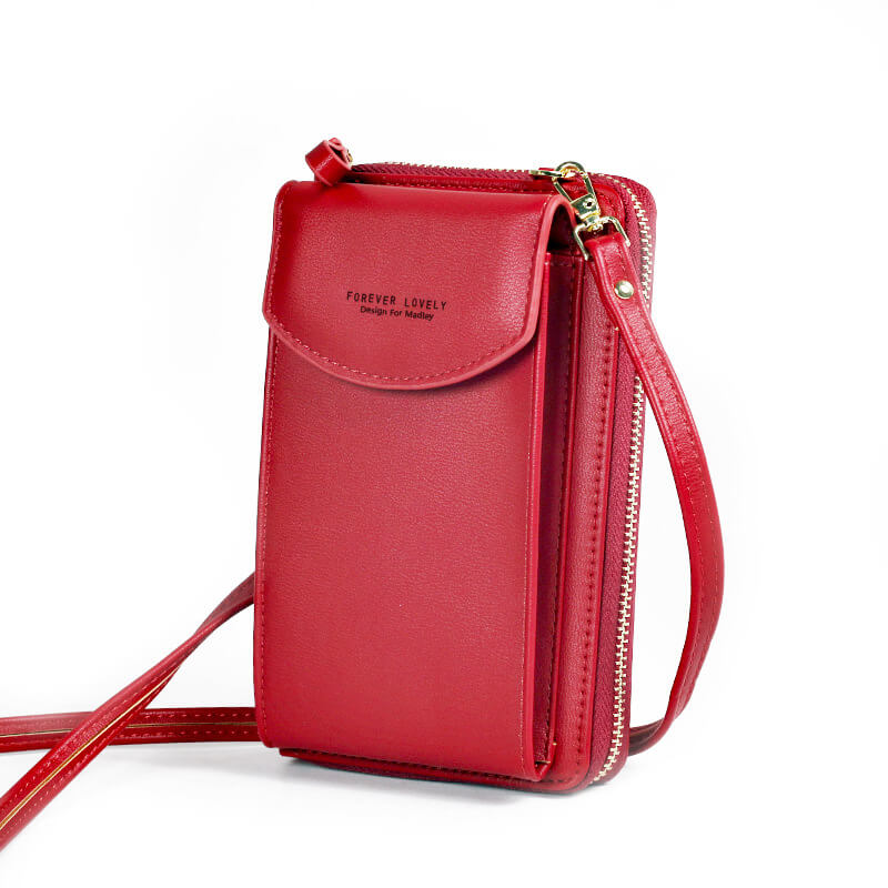 Side view of a compact women's PU leather bag, showcasing its slim profile and adjustable strap