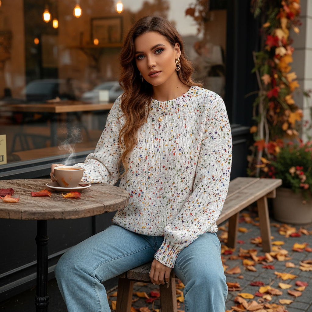 Women's Confetti Knit Round Neck Sweater, close-up of textured acrylic wool fabric, casual winter fashion pullover.