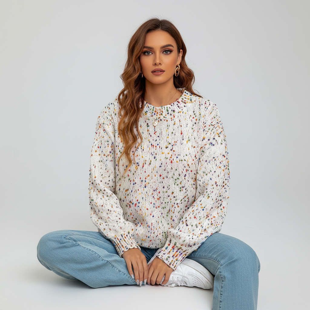 Martina women's confetti knit round neck sweater in a vibrant, cozy acrylic wool blend, perfect for casual wear.