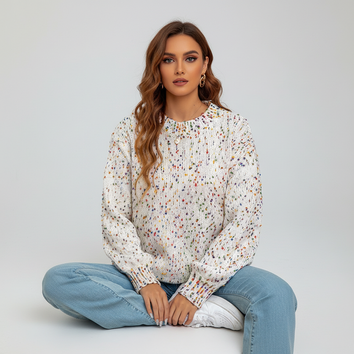 Martina women's confetti knit round neck sweater in a vibrant, cozy acrylic wool blend, perfect for casual wear.
