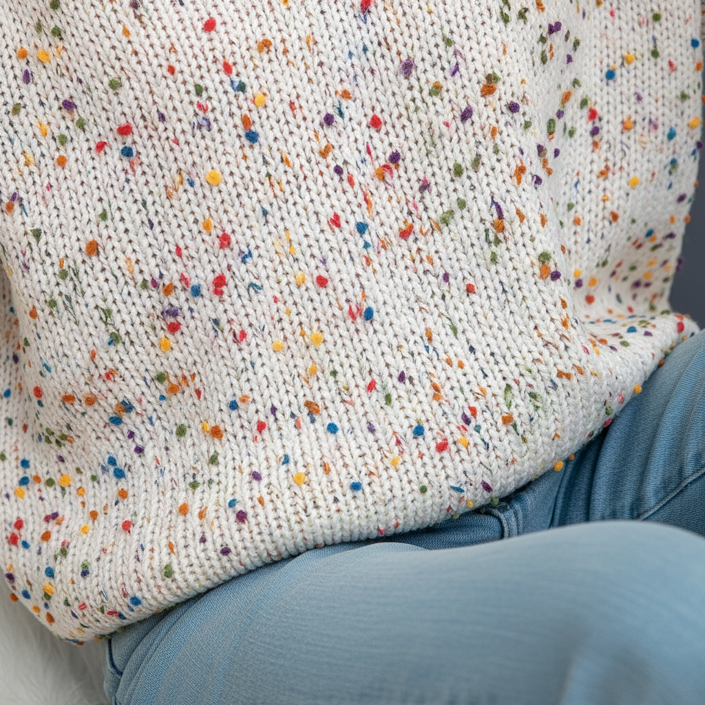 Full view of women's confetti knit round neck sweater, showcasing relaxed fit and colorful specks on acrylic wool.