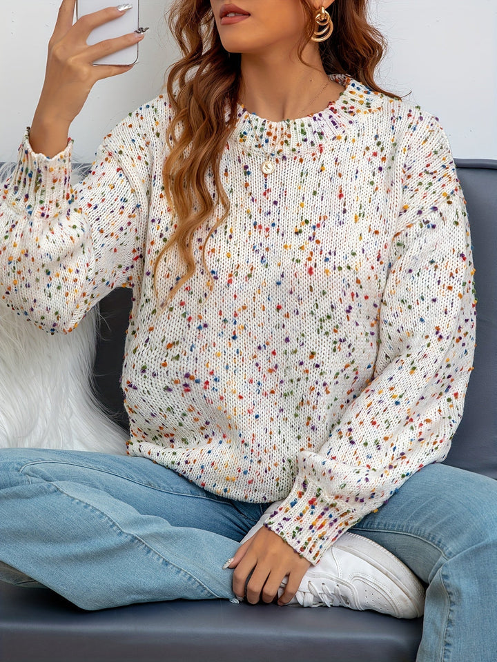Detail of the round neckline on the Martina women's confetti knit sweater, soft acrylic wool, cozy winter fashion.