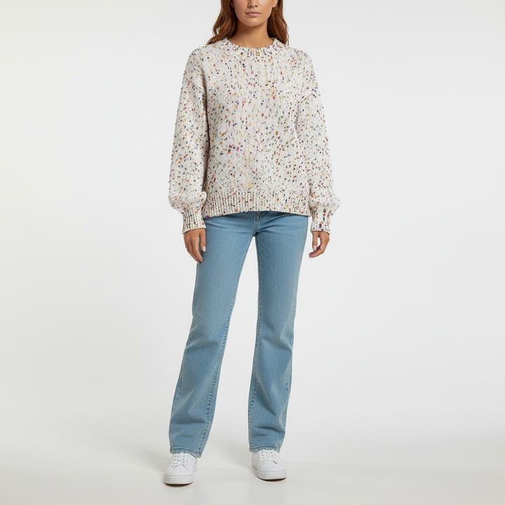 Women's winter fashion: Confetti knit round neck sweater, made from soft acrylic wool, perfect for cozy casual wear.