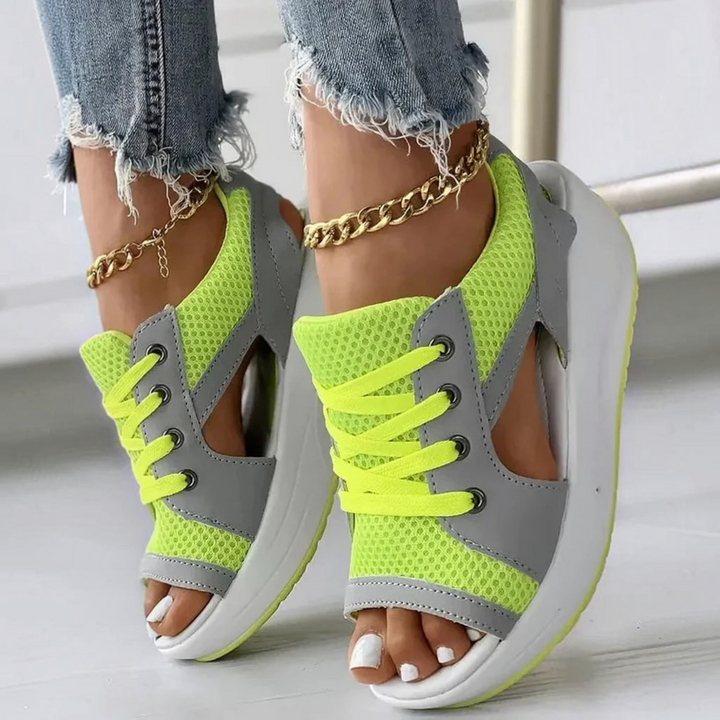 Women's contrast paneled cutout lace-up muffin sandals, perfect for stylish summer casual wear.
