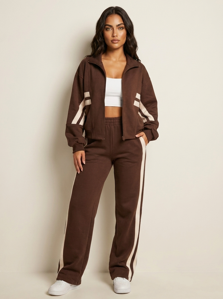 Women's contrast stripe zip-up tracksuit set with wide leg pants, perfect for activewear & lounging.