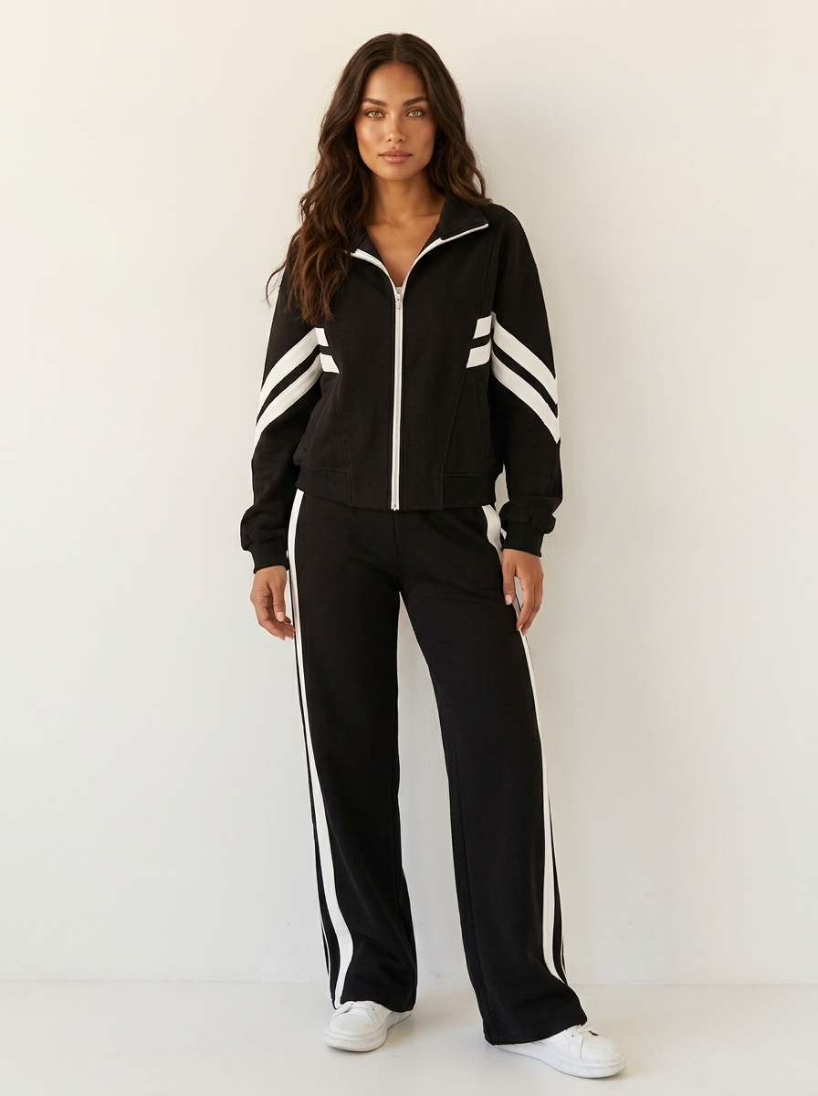 Women's wide leg tracksuit pants with contrast side stripes, offering comfort for lounge & casual outfits.
