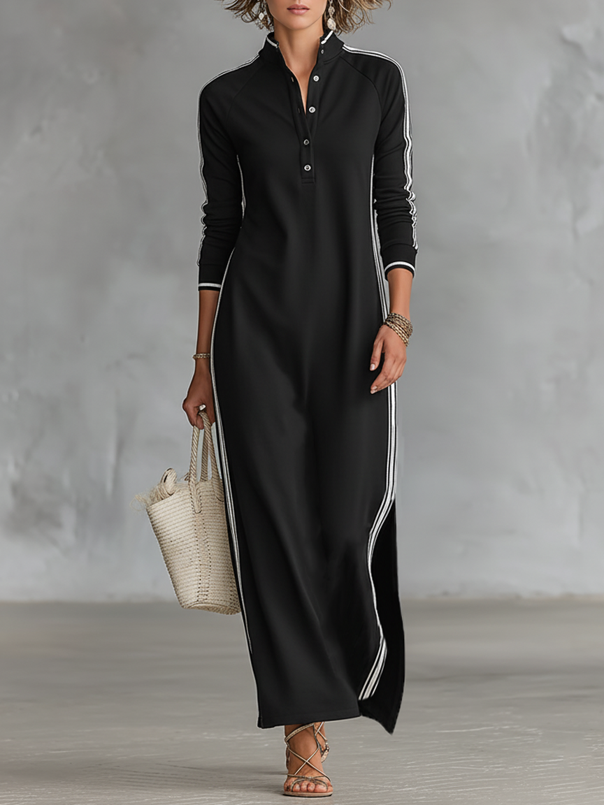 Women's Contrast Trim Stand Collar Long Sleeve Maxi Dress for casual everyday wear.