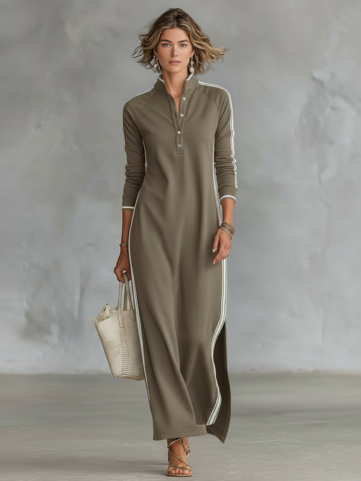 Comfortable & versatile women's casual maxi dress with long sleeves, stand collar & stylish contrast trim.