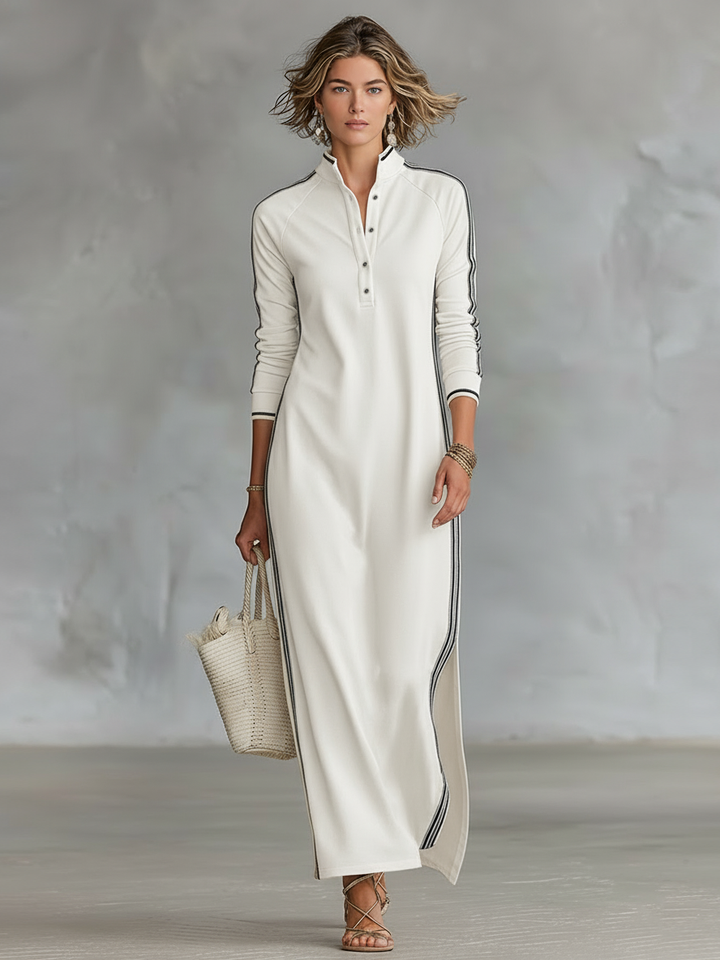 Elegant stand collar long sleeve maxi dress for women, featuring modern contrast trim for everyday wear.