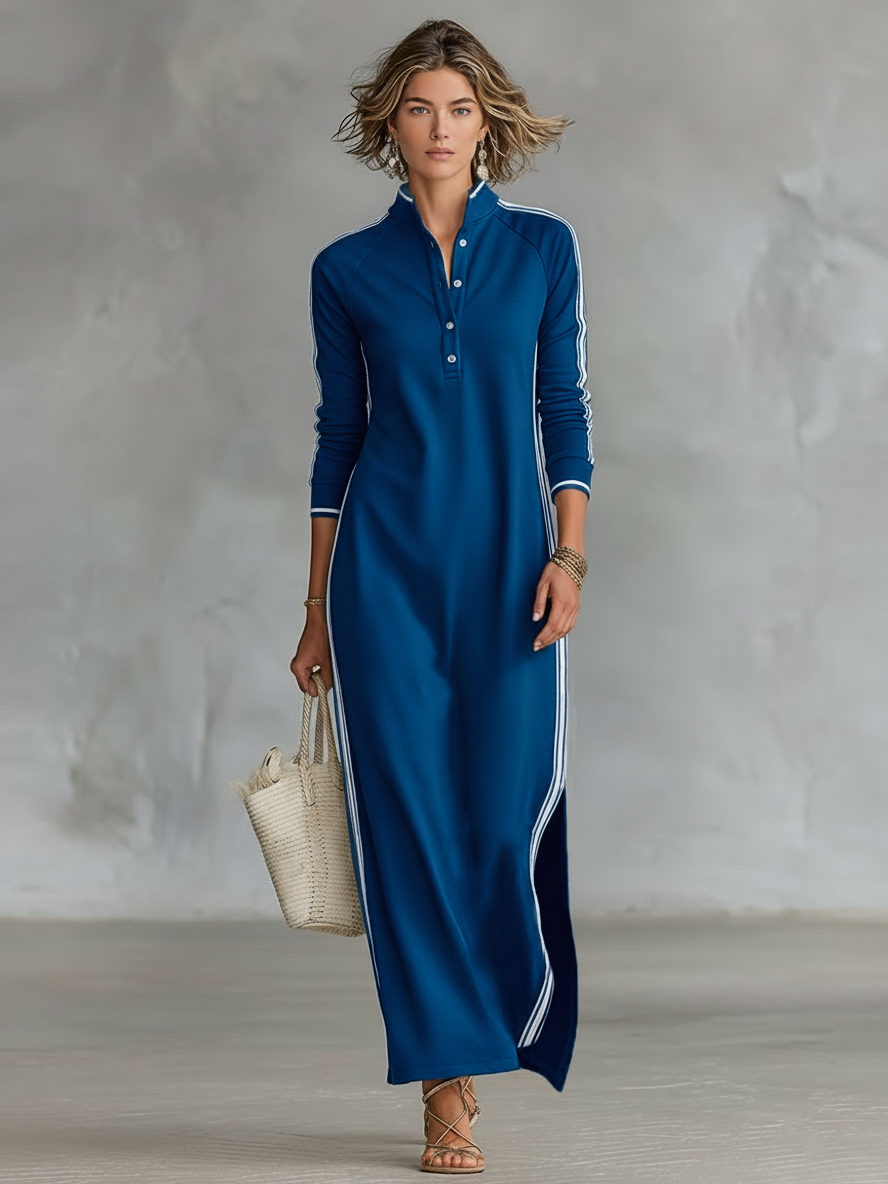 Spring/Fall women's casual long sleeve maxi dress with stand collar & contrast trim, perfect for versatile styling.