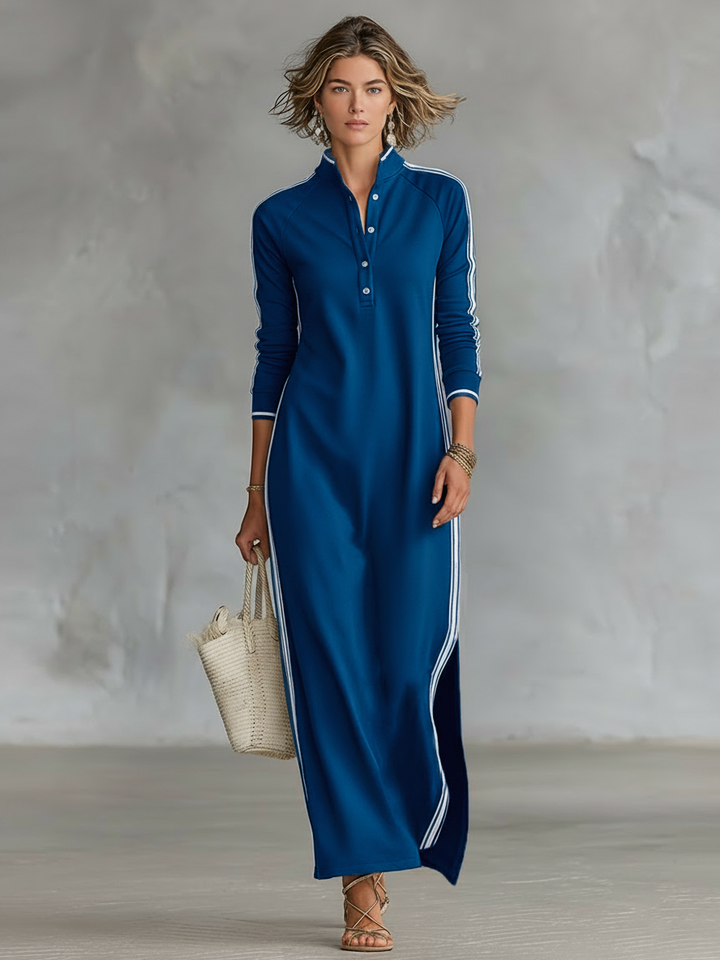 Spring/Fall women's casual long sleeve maxi dress with stand collar & contrast trim, perfect for versatile styling.