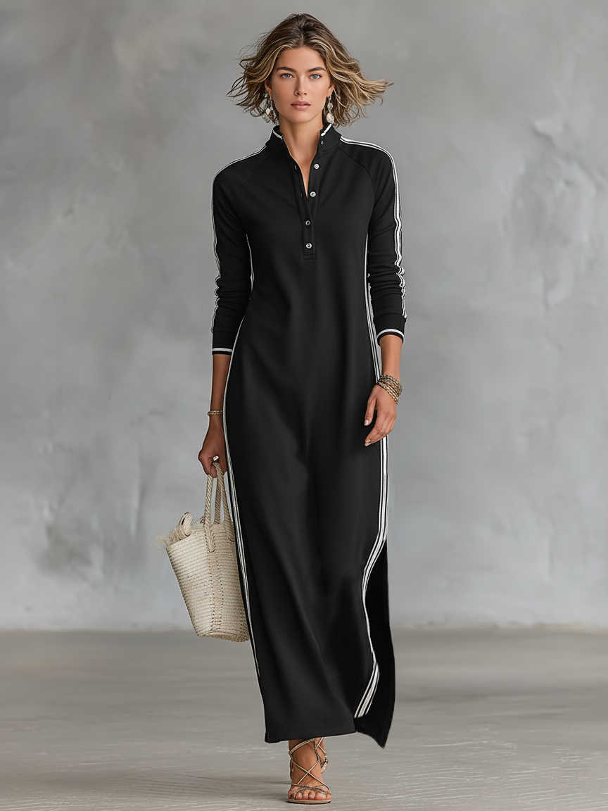 Comfortable women's casual long sleeve maxi dress with stand collar & fashionable contrast trim design.