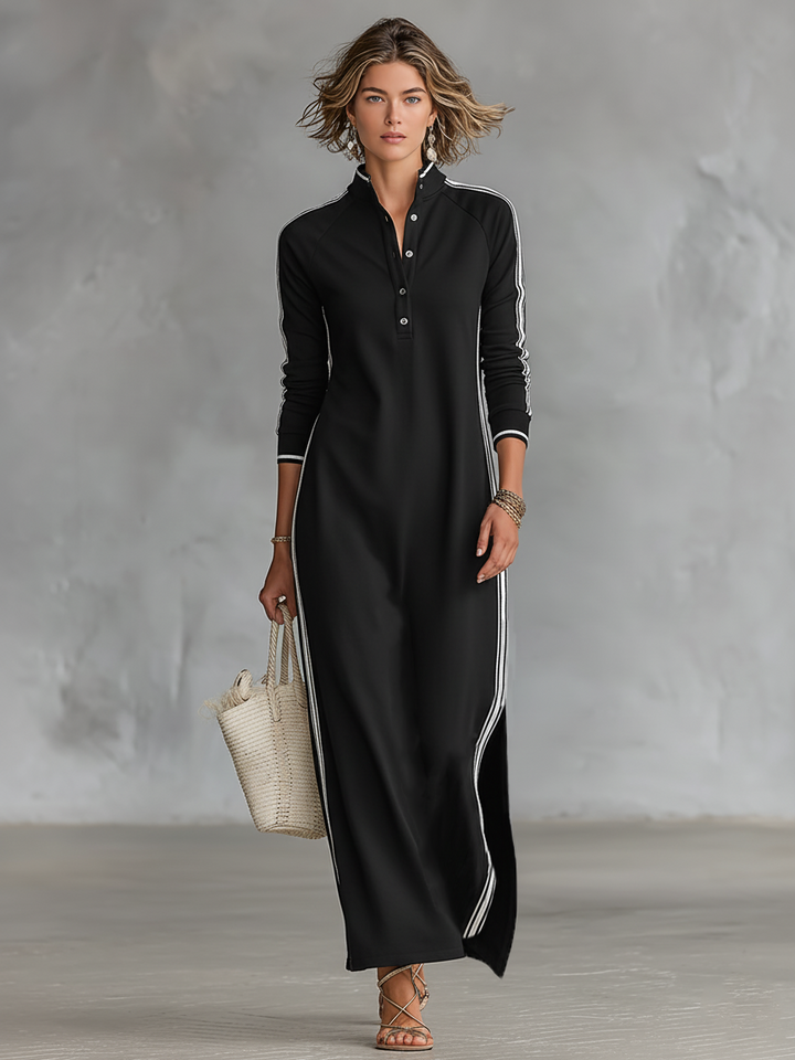 Comfortable women's casual long sleeve maxi dress with stand collar & fashionable contrast trim design.