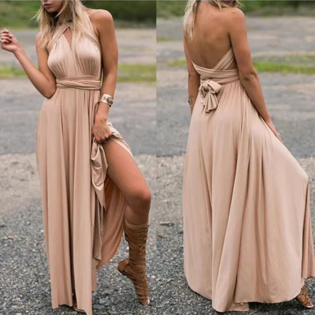 Elegant women's backless maxi dress, convertible for chic party or formal events.