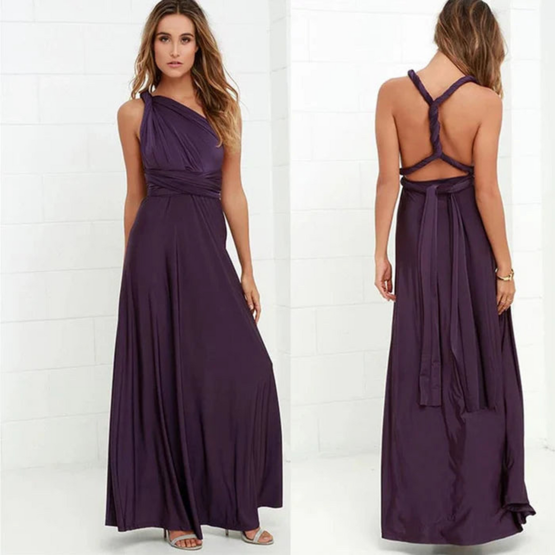 Chic summer backless maxi dress, convertible for vacation, beach, or casual style.