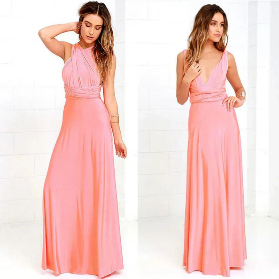 Stunning backless maxi dress, convertible style for women's elegant evening or cocktail party.