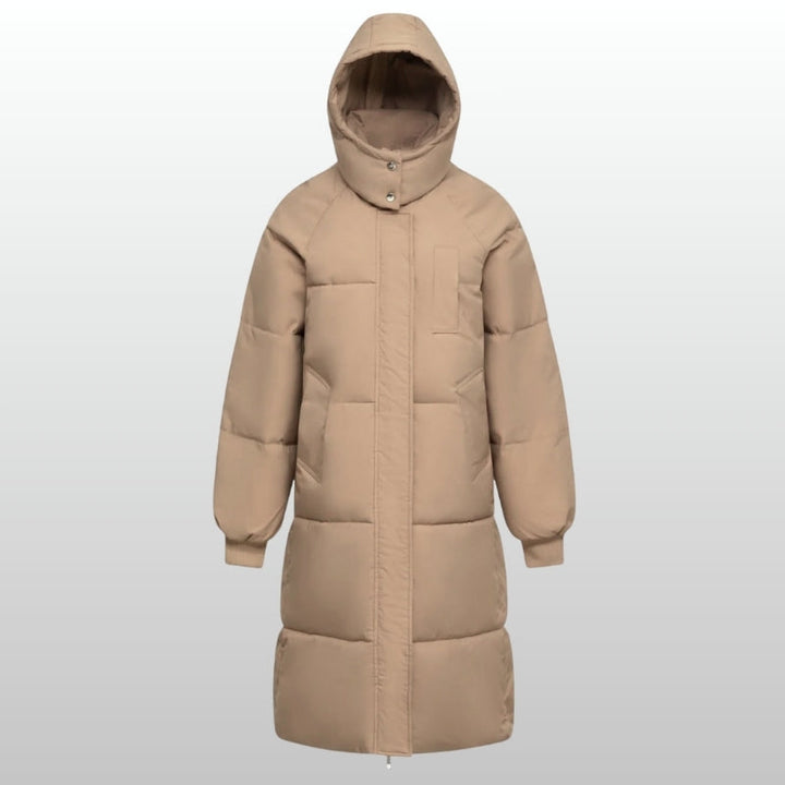 Warm women's long puffer jacket, Cortina style. Essential water-resistant outerwear for cold weather & winter fashion.