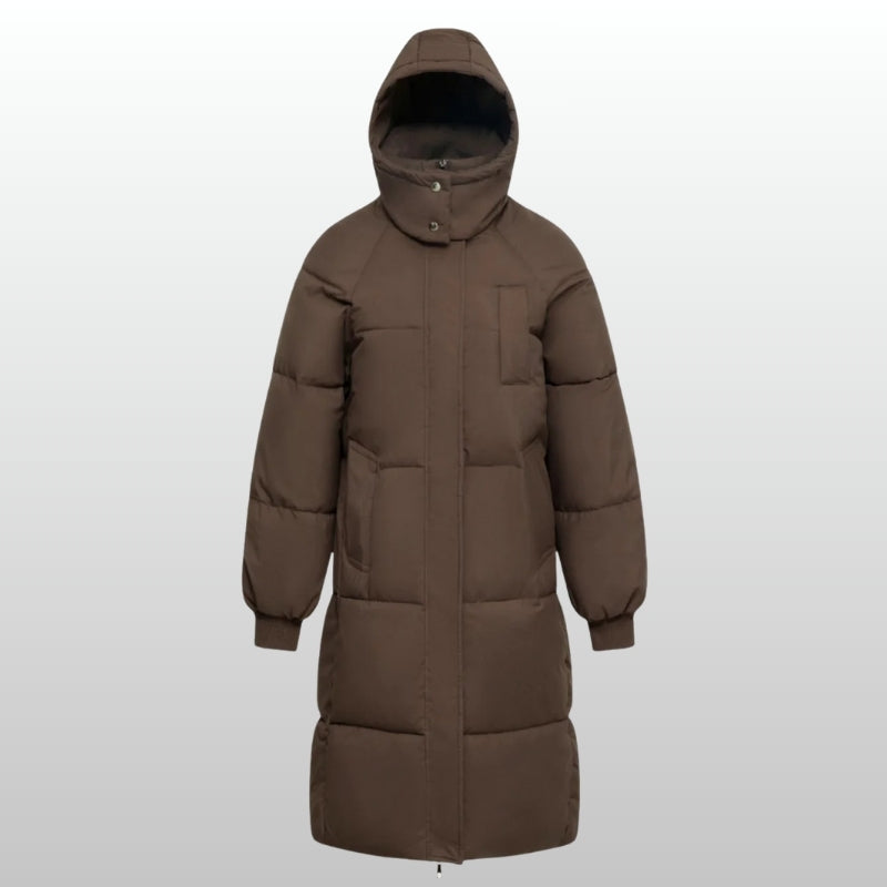 Women's Cortina long puffer jacket, a warm & water-resistant winter coat. Stylish outerwear for cold weather fashion.
