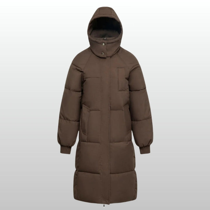 Women's Cortina long puffer jacket, a warm & water-resistant winter coat. Stylish outerwear for cold weather fashion.