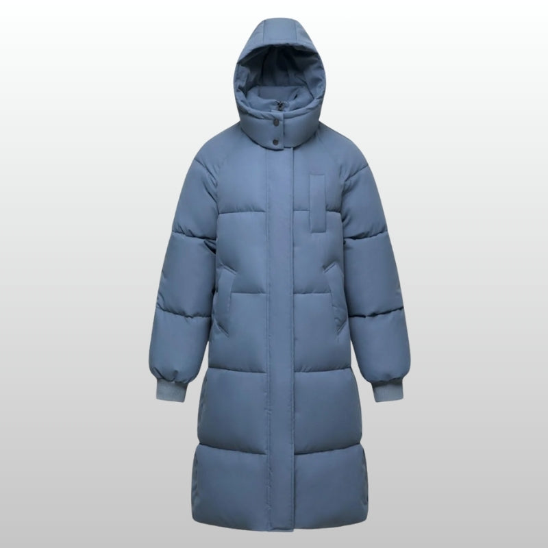 Long women's Cortina puffer jacket in modern style. Warm, water-resistant outerwear, perfect for cold weather & winter.