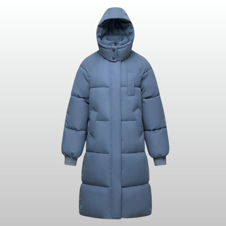Long women's Cortina puffer jacket in modern style. Warm, water-resistant outerwear, perfect for cold weather & winter.