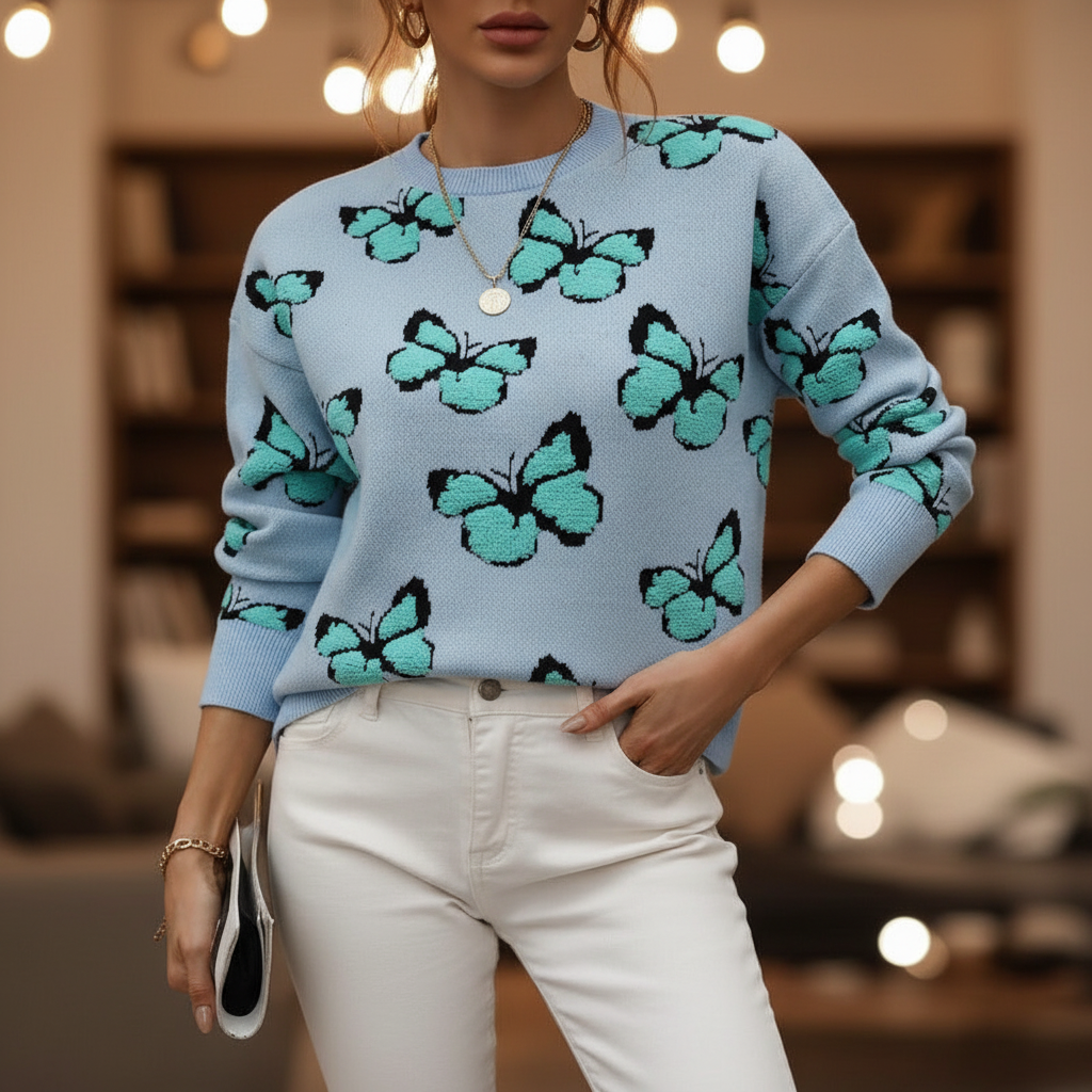 Women's cotton blend knit jumper with colourful butterfly pattern, round neck, for autumn/spring casual wear