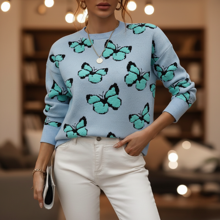 Women's cotton blend knit jumper with colourful butterfly pattern, round neck, for autumn/spring casual wear